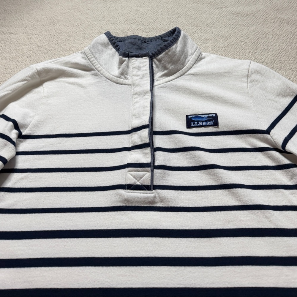 LLBEAN Striped Rugby Shirt White & Navy Blue Coastal Mariniere Preppy - Picture 4 of 9